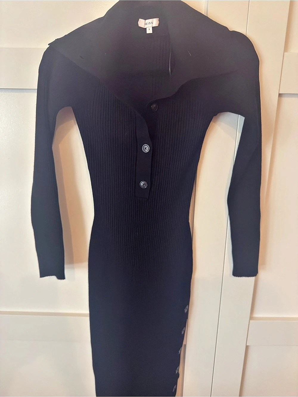Reiss Willow Buttoned Rib-Knit Midi Dress Black Small